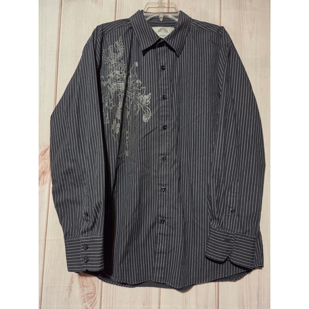 Bruno New York Mens Black Pinstripe Crest Graphic Long Sleeve Button Down Shirt